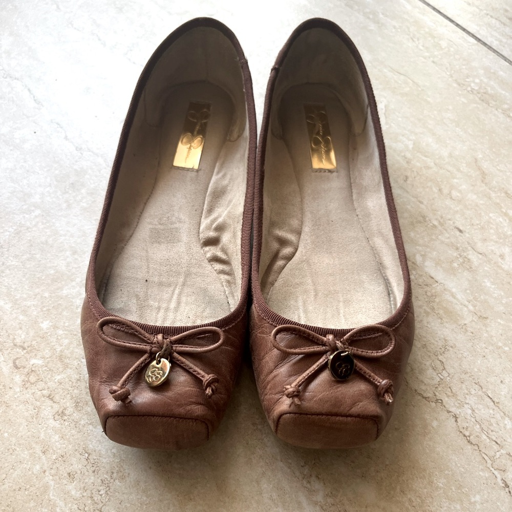Beautiful Brown Jessica Simpson Square Toe Faux-Leather Ballerina Flats Sz 6.5-7